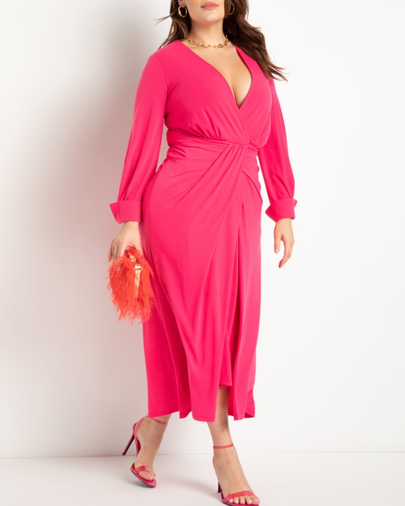 Front of a model wearing a size 20 Twist Detail Knot Dress- Hot Pink in Hot Pink by ELOQUII. | dia_product_style_image_id:273511